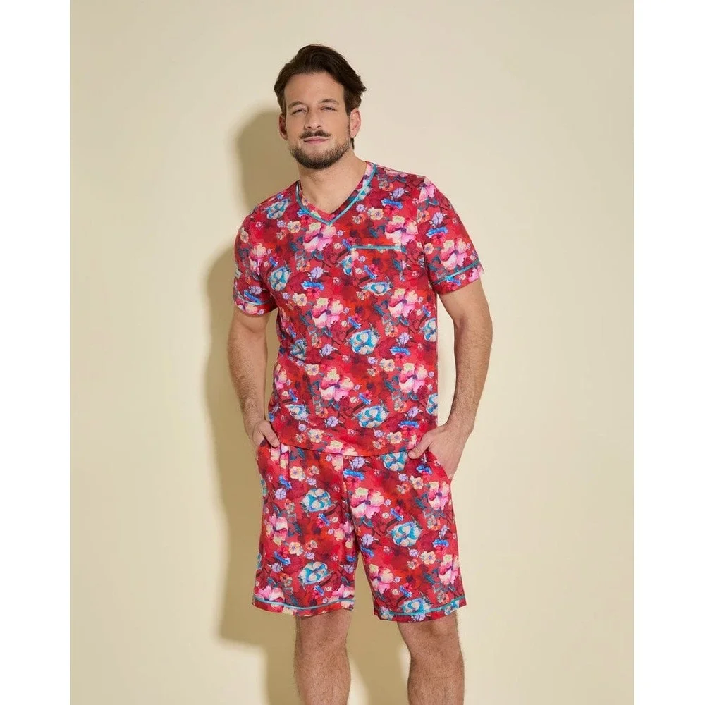 Cosabella Modal Cotton Printed‎ Short Sleeve Top Shorts Longe Set Red Mens S